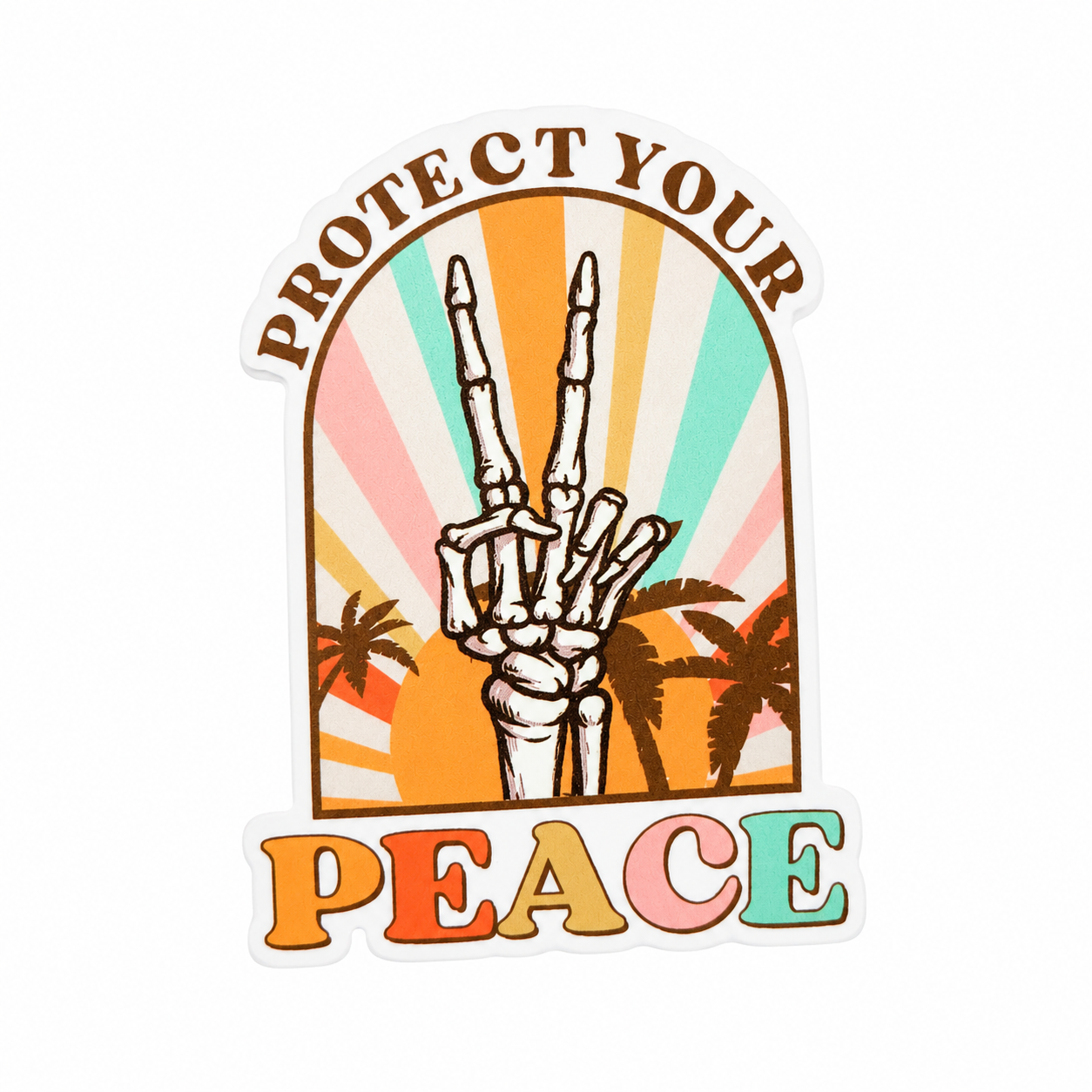 PROTECT YOUR PEACE plastic add-on with skeleton peace sign, palm trees, and retro pastel design, compatible with interchangeable badge reel bases.