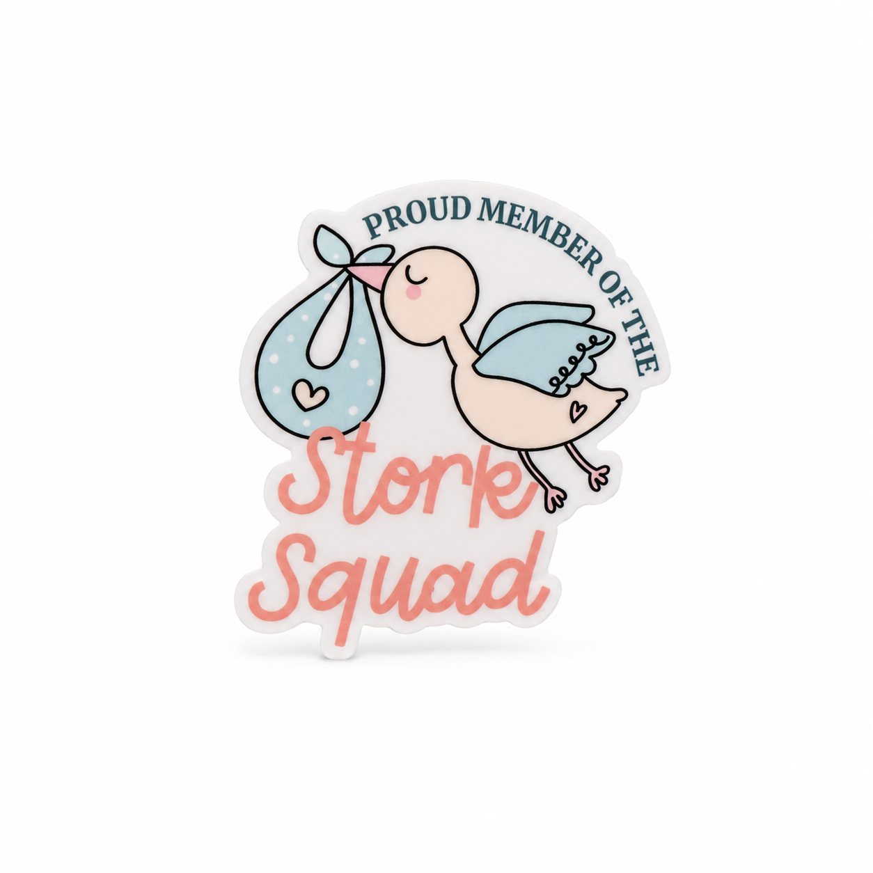 PROUD MEMBER OF THE Stork Squad plastic add-on with cute stork and baby bundle, compatible with interchangeable badge reel bases for labor and delivery nurses.