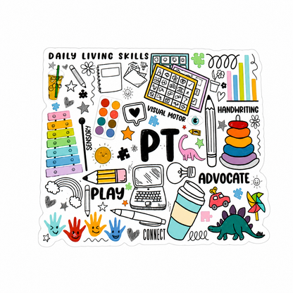 PT Advocate plastic add-on featuring physical therapy themed illustrations including play activities, handwriting tools, visual motor skills, sensory elements, daily living skills, and pediatric therapy resources, compatible with interchangeable badge reel bases.