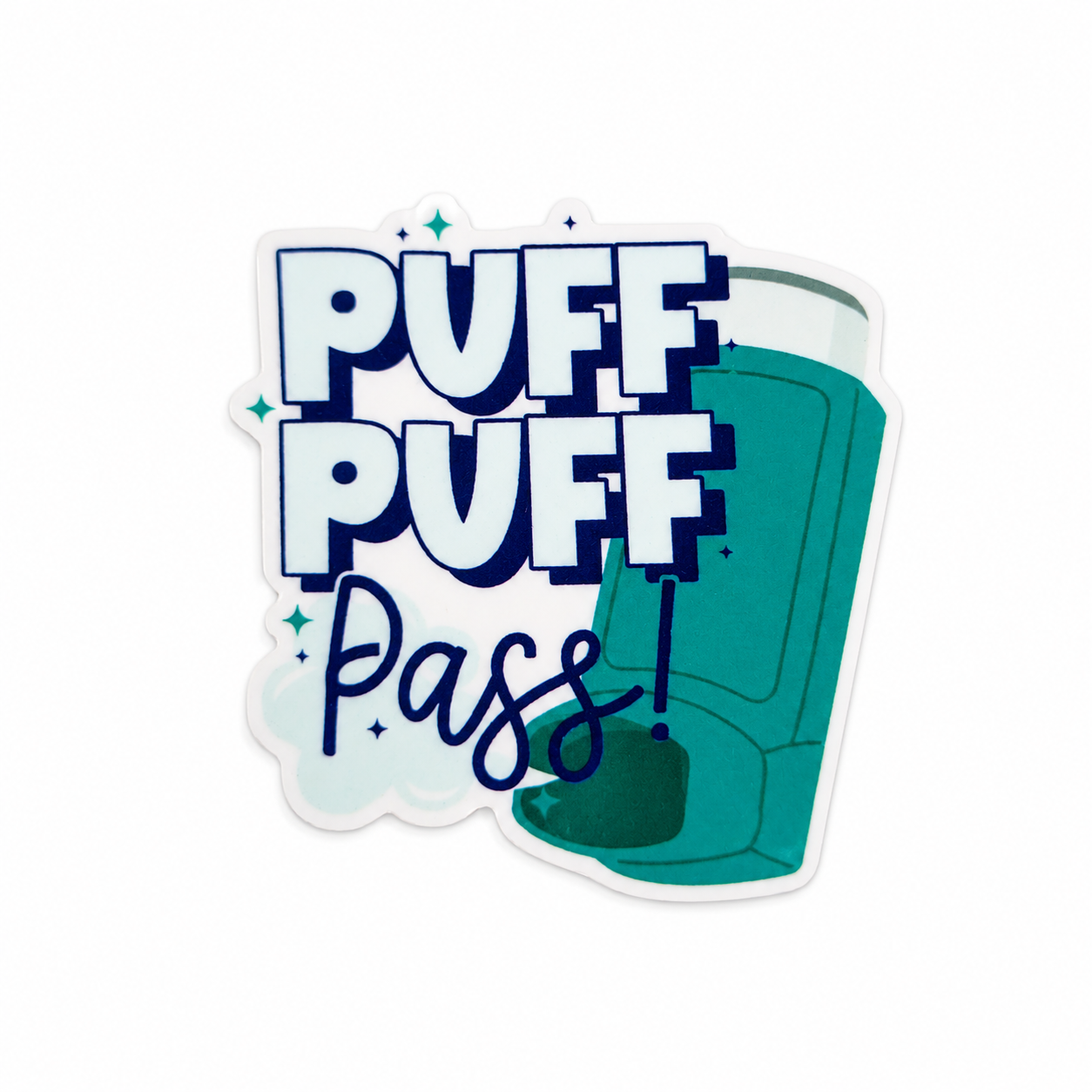 Plastic add-on featuring the text "PUFF PUFF Pass!" with an inhaler design, compatible with interchangeable badge reel bases and ideal for respiratory therapists and healthcare workers.