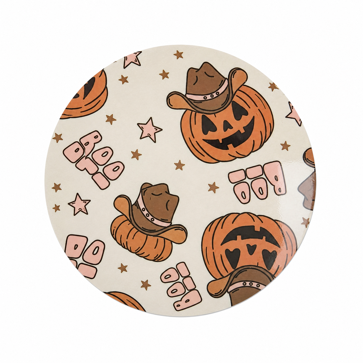 Cowboy Pumpkin Halloween hard board add-on featuring jack-o'-lanterns wearing cowboy hats with stars and "boo" accents, compatible with interchangeable badge reel bases.