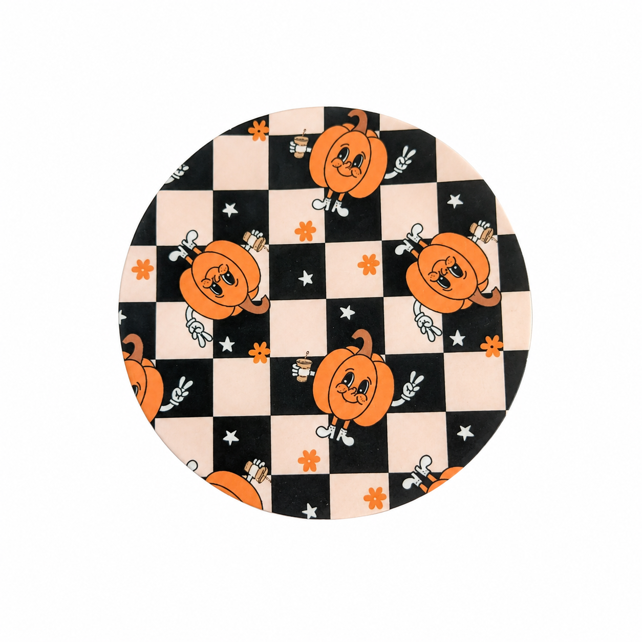 Pumpkin Checkered hard board add-on featuring smiling pumpkins on a black and cream checkerboard background, compatible with interchangeable badge reel bases.