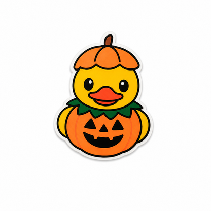 Cute pumpkin duck plastic add-on with whimsical Halloween aesthetic compatible with interchangeable badge reel bases