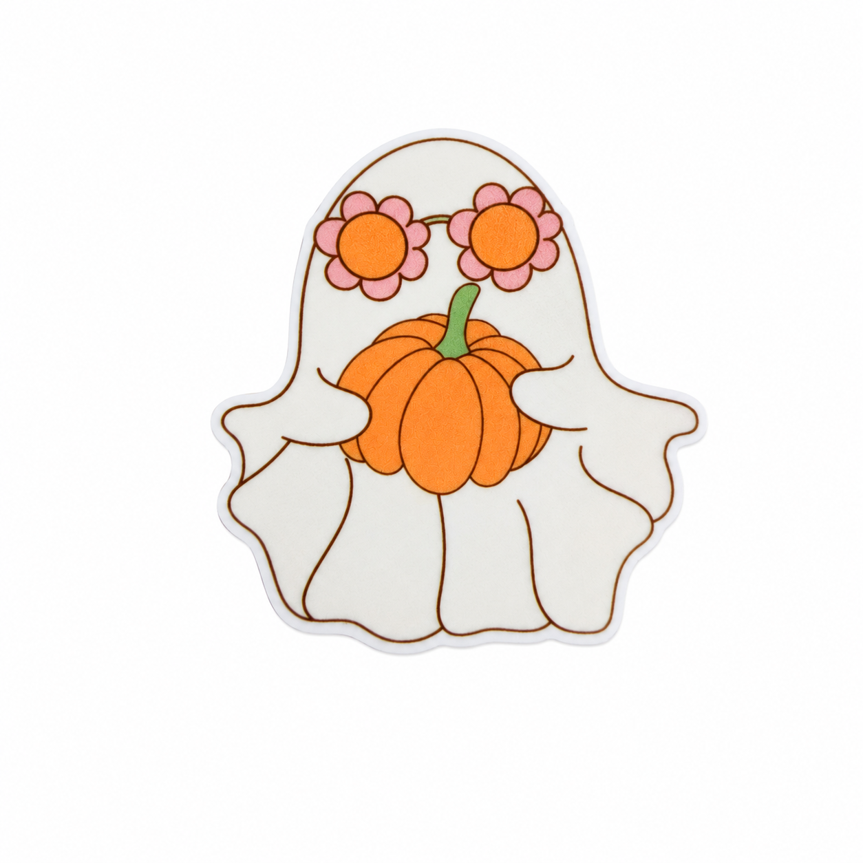 Pumpkin ghost plastic add-on featuring a white ghost with flower eyes and a pumpkin nose, compatible with interchangeable badge reel bases and perfect for Halloween lovers.