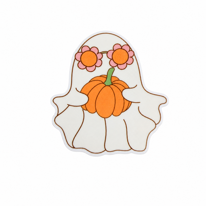 Pumpkin ghost plastic add-on featuring a white ghost with flower eyes and a pumpkin nose, compatible with interchangeable badge reel bases and perfect for Halloween lovers.
