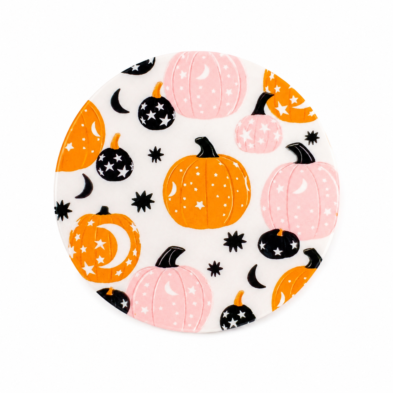 Pumpkin Halloween hard board add-on with orange and black pumpkins, stars and crescent moons, compatible with interchangeable badge reel bases.