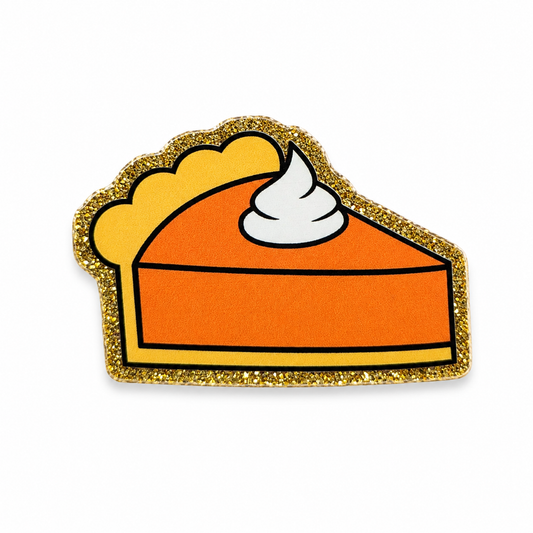 Pumpkin pie plastic add-on with whipped cream topping, compatible with interchangeable badge reel bases, perfect for Thanksgiving and fall-themed accessories.