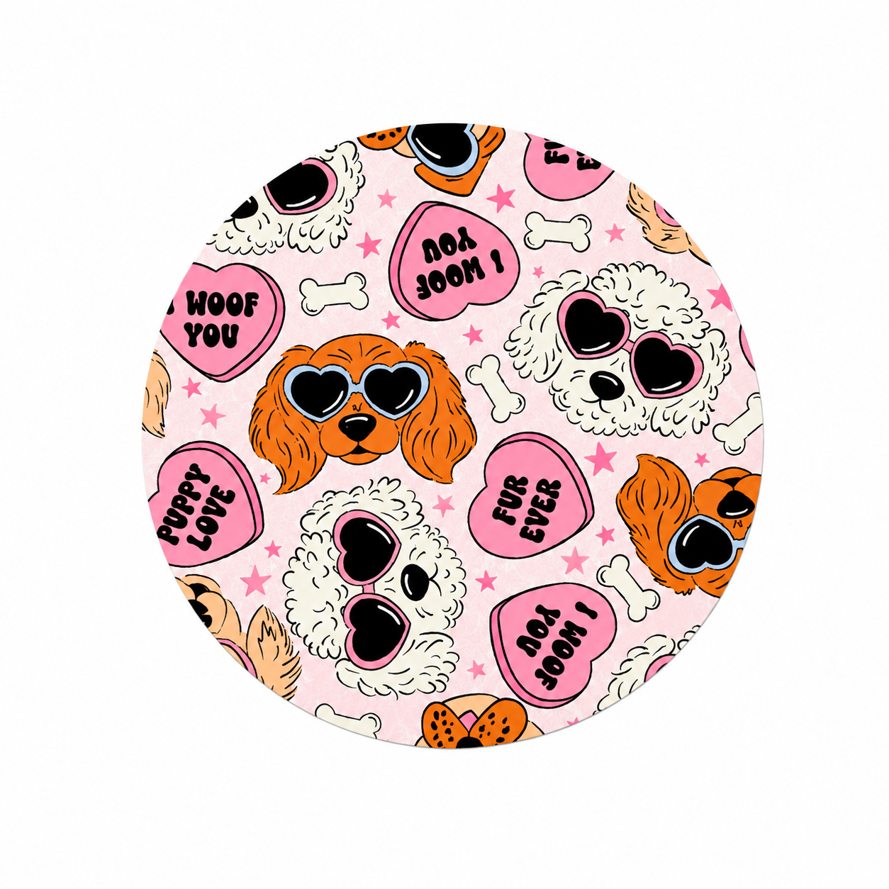 Dog lover hard board add-on featuring pups in heart sunglasses, pink conversation hearts, bones, stars, and WOOF YOU phrases, compatible with interchangeable badge reel bases.