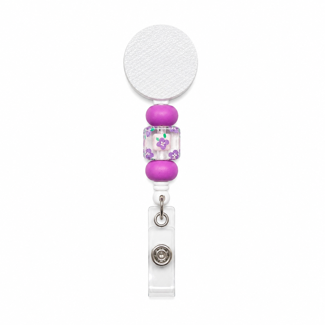 Purple Floral Cube beaded badge reel featuring lavender silicone beads and a floral cube accent bead, retractable interchangeable badge reel and cute work badge accessory.