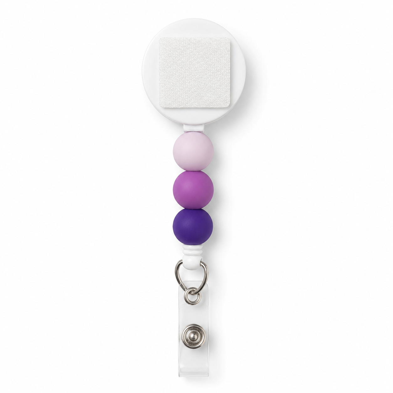 Purple ombre interchangeable beaded badge reel with lavender, orchid, and deep purple silicone beads and a retractable badge holder.
