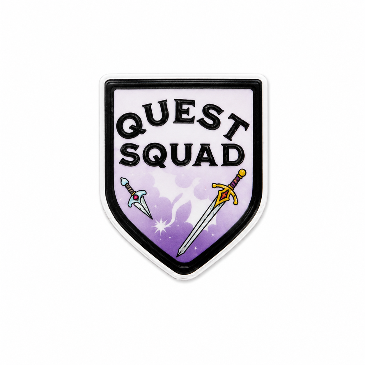 Quest Squad fantasy shield plastic add-on with purple magical details and sword accents, compatible with interchangeable badge reel bases