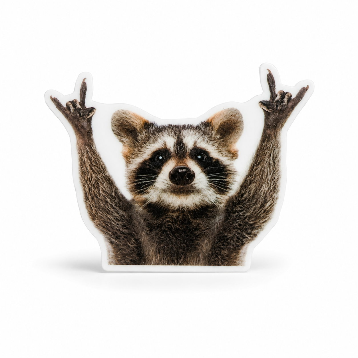 Funny raccoon plastic add-on showing a realistic raccoon with raised arms, compatible with interchangeable badge reel bases for animal and wildlife lovers.