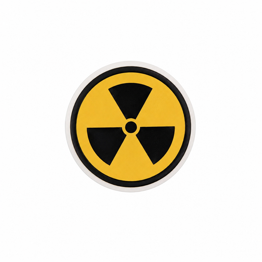 Radiation symbol plastic add-on featuring the classic black and yellow radiation warning sign, compatible with interchangeable badge reel bases.