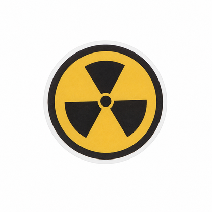 Radiation symbol plastic add-on with black and yellow radiology warning design, compatible with interchangeable badge reel bases and ideal for radiology professionals.