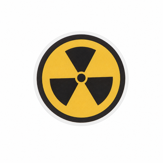 Radiation symbol plastic add-on with black and yellow radiology warning design, compatible with interchangeable badge reel bases and ideal for radiology professionals.