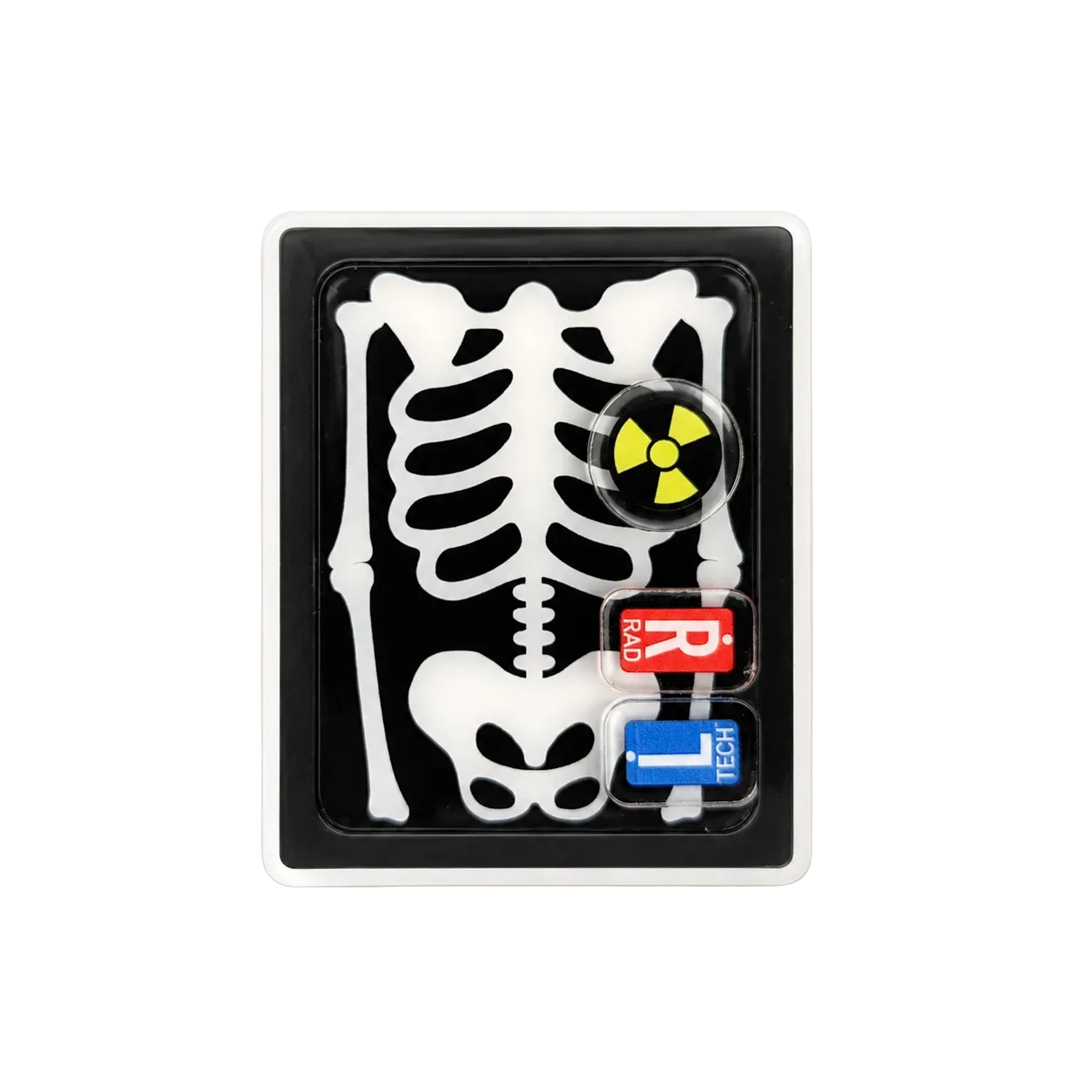 Radiology skeleton plastic add-on for compatible interchangeable badge reel bases designed for healthcare workers and X-ray techs