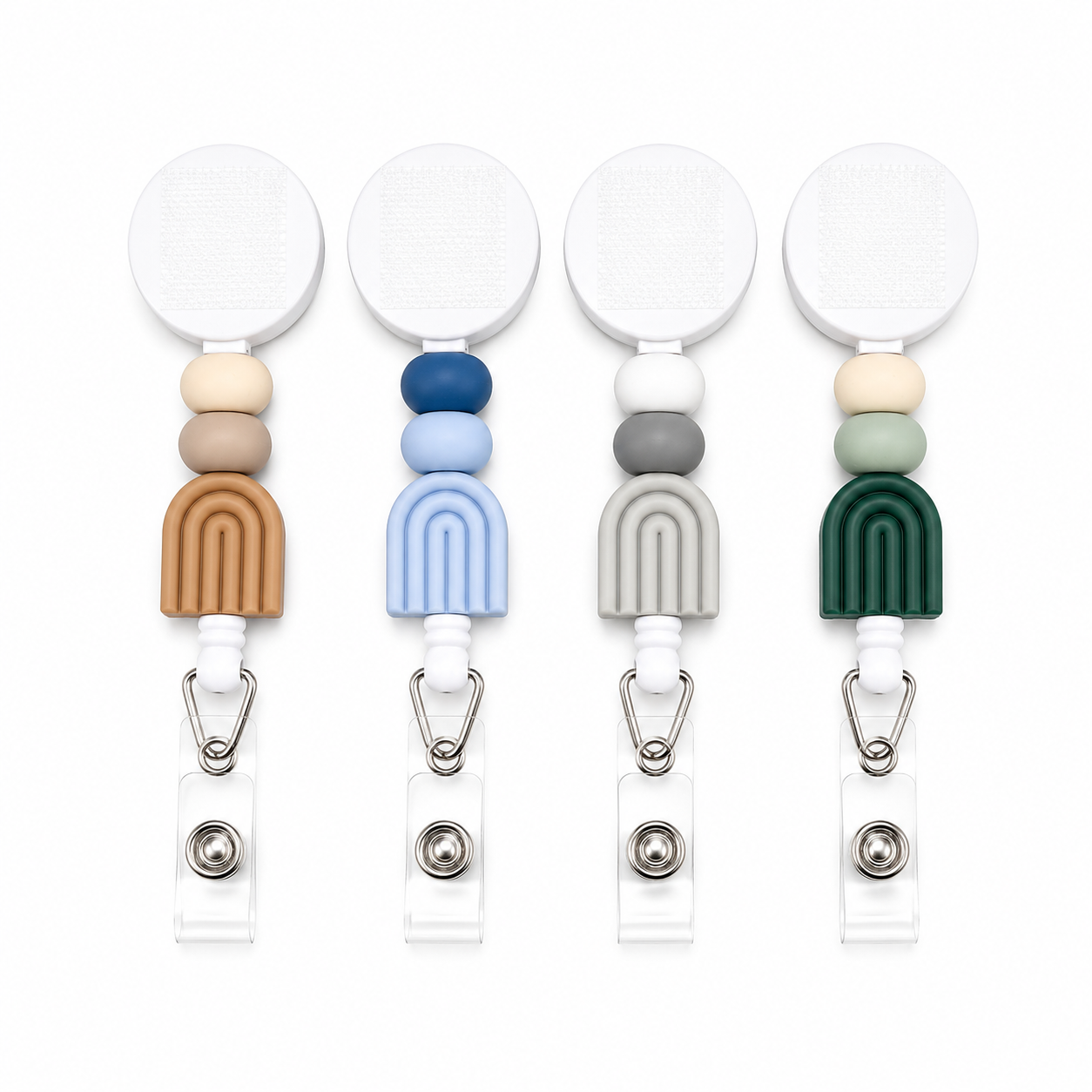 Interchangeable beaded badge reel featuring a modern silicone arch charm, available in beige, blue, gray, and green color options.
