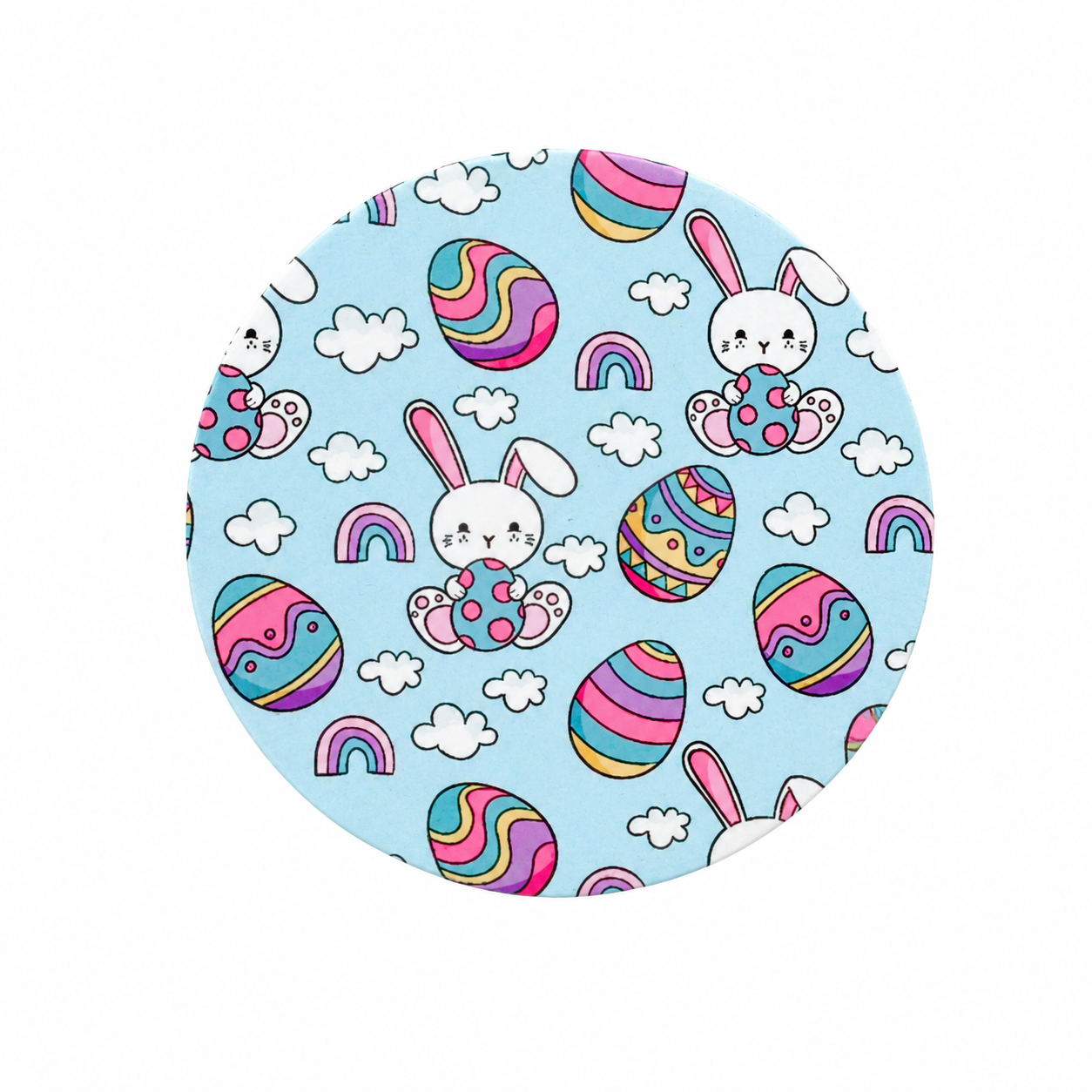 Colorful Easter bunny hard board add-on featuring white rabbits, patterned eggs, rainbows, and clouds, compatible with interchangeable badge reel bases.