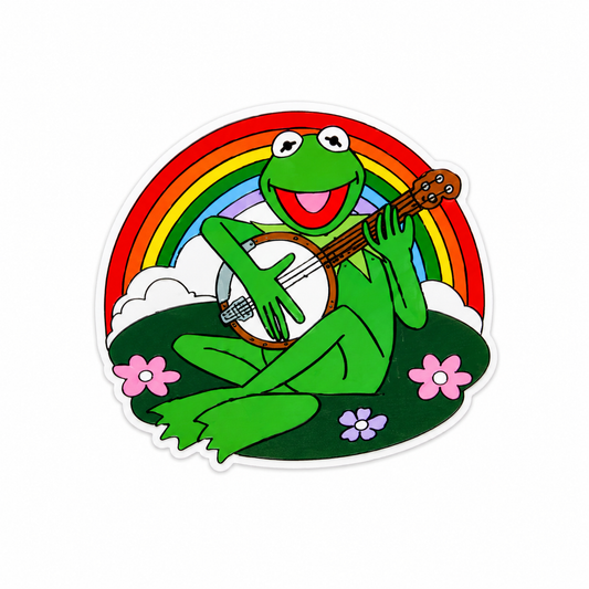 Rainbow frog banjo plastic add-on featuring a smiling green frog playing music under a rainbow, compatible with interchangeable badge reel bases, cute nurse accessory and healthcare worker accessory