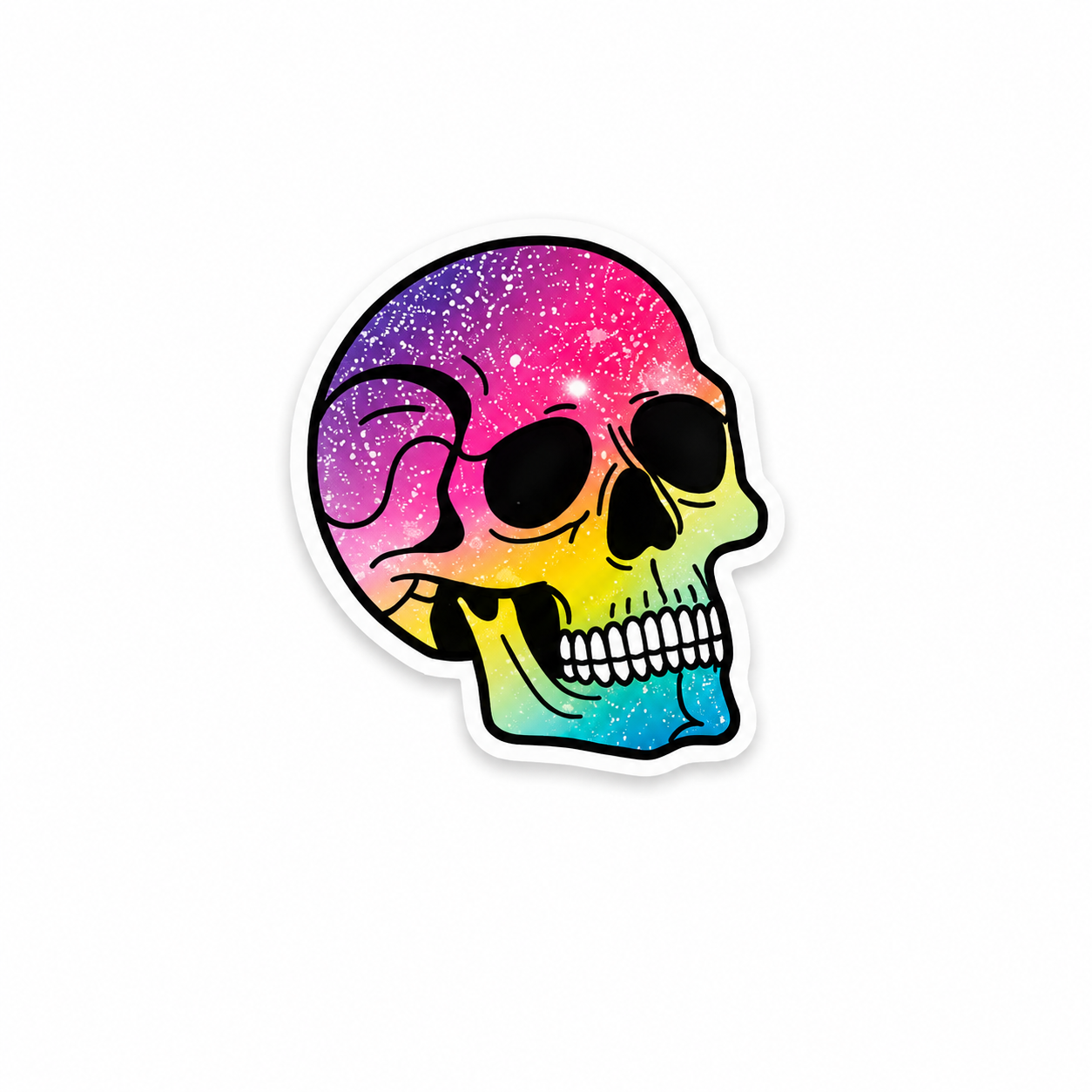 Rainbow glitter skull plastic add-on with a colorful spooky Halloween aesthetic compatible with interchangeable badge reel bases