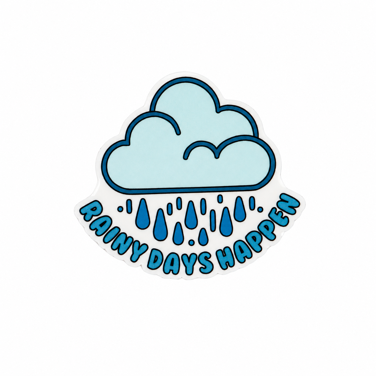 RAINY DAYS HAPPIER plastic add-on featuring a blue cloud and raindrops, compatible with interchangeable badge reel bases, positive mental health accessory