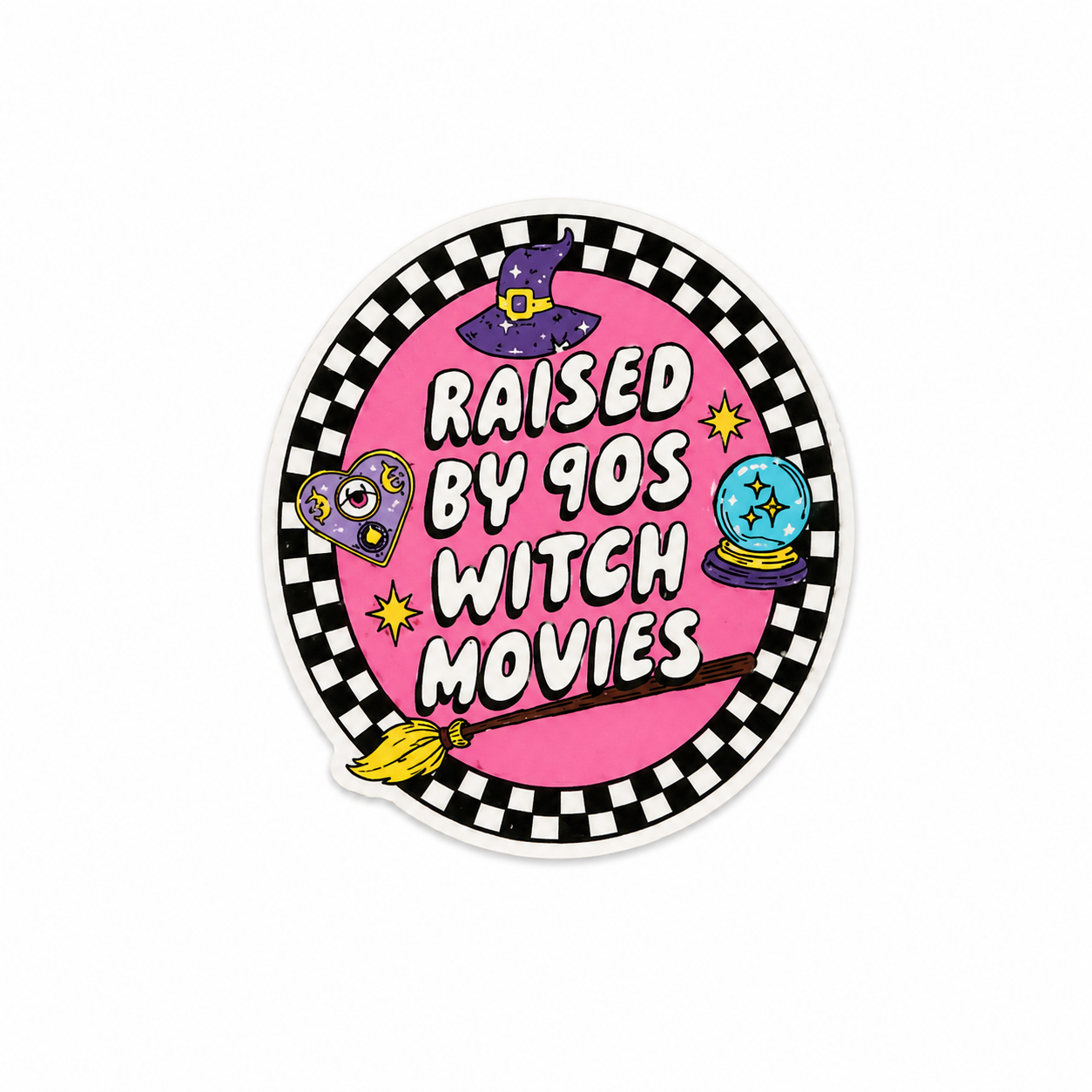 Raised by 90s Witch Movies plastic add-on with nostalgic Halloween aesthetic compatible with interchangeable badge reel bases