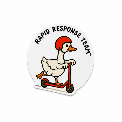 Rapid Response Team goose plastic add-on with helmet and scooter design, made as a funny healthcare work accessory compatible with interchangeable badge reel bases