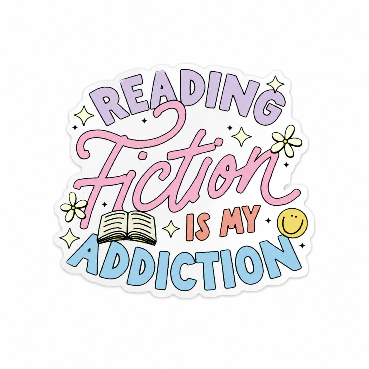 Plastic add-on featuring the text "Reading Fiction Is My Addiction" with an open book, flowers, and whimsical pastel details, compatible with interchangeable badge reel bases.