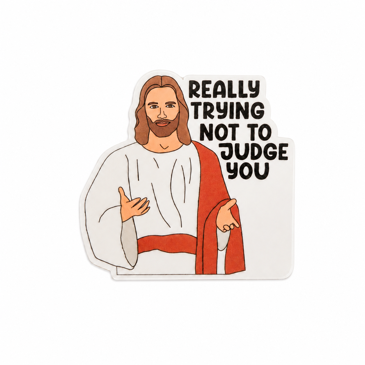 Really Trying Not To Judge You plastic add-on with Christian-inspired robed figure design, funny Christian accessory compatible with interchangeable badge reel bases.