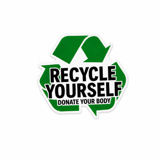 Green recycle themed plastic add-on with Recycle Yourself Donate Your Body text compatible with interchangeable badge reel bases for nurses and healthcare workers.