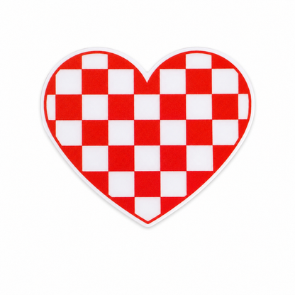 Red checkered heart plastic add-on with a retro checkerboard pattern, compatible with interchangeable badge reel bases and perfect for Valentine's Day accessories.