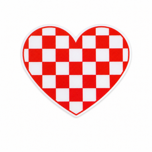 Red checkered heart plastic add-on with a retro checkerboard pattern, compatible with interchangeable badge reel bases and perfect for Valentine's Day accessories.