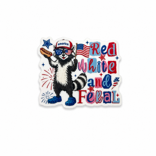 Red White and Feral raccoon plastic add-on with patriotic stars and flag design for compatible interchangeable badge reel bases, funny healthcare worker accessory