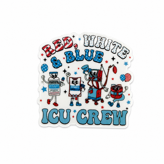 Red White and Blue ICU Crew plastic add-on featuring cute medical character designs and patriotic healthcare theme for compatible interchangeable badge reel bases