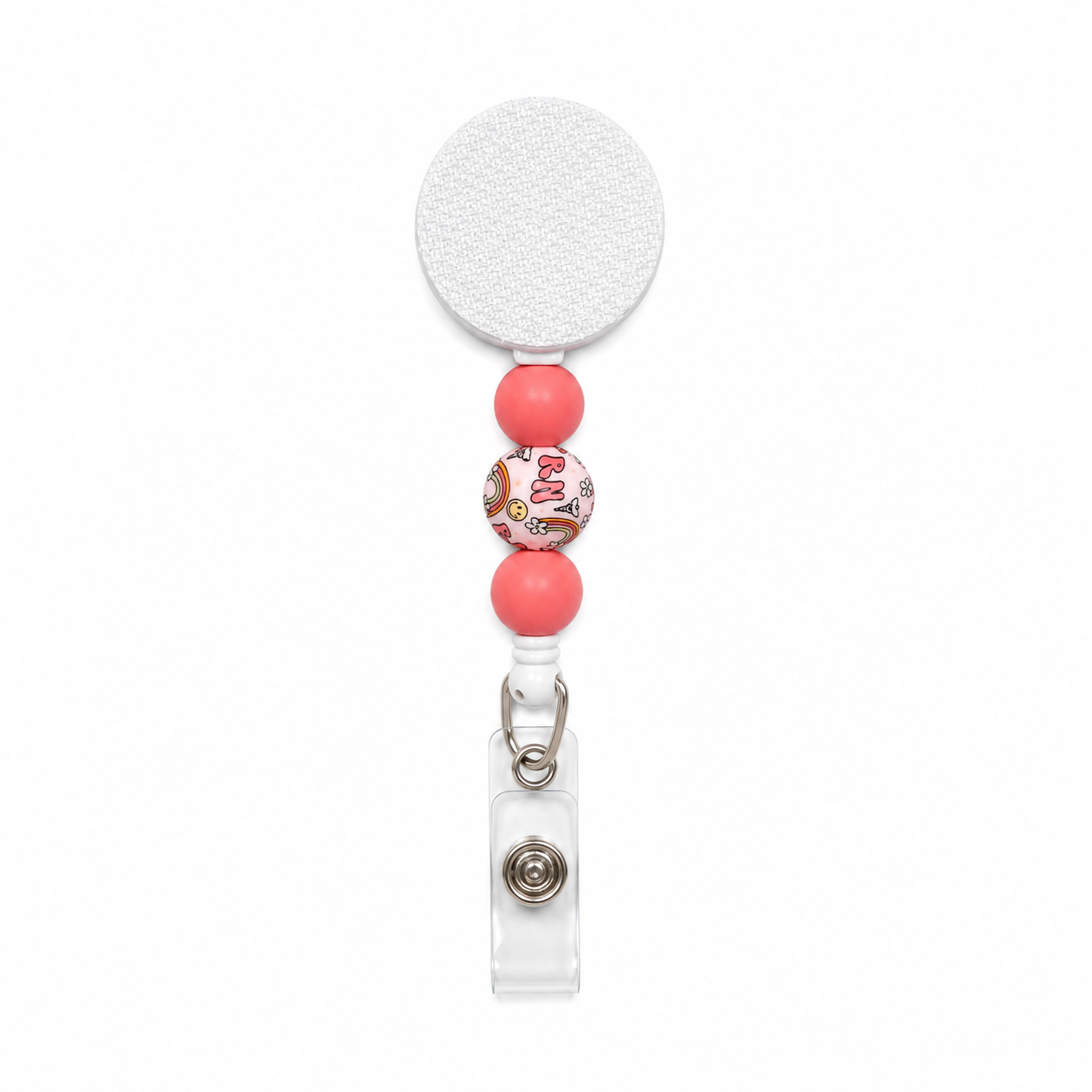 Registered Nurse interchangeable beaded badge reel featuring coral pink silicone beads and an RN rainbow smiley floral printed bead on a white retractable badge reel.
