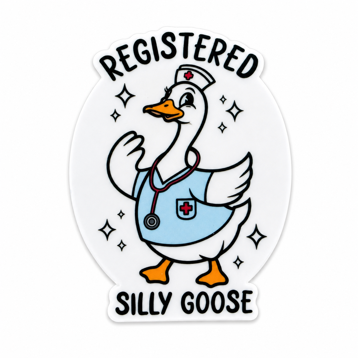 REGISTERED SILLY GOOSE plastic add-on featuring a nurse goose wearing scrubs, a stethoscope, and nurse cap, compatible with interchangeable badge reel bases, funny nurse accessory.