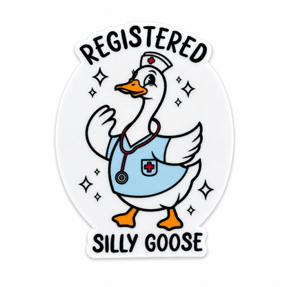 REGISTERED SILLY GOOSE plastic add-on featuring a nurse goose wearing scrubs, a stethoscope, and nurse cap, compatible with interchangeable badge reel bases, funny nurse accessory.