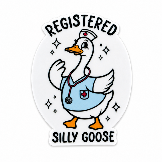 REGISTERED SILLY GOOSE plastic add-on featuring a nurse goose wearing scrubs, a stethoscope, and nurse cap, compatible with interchangeable badge reel bases, funny nurse accessory.