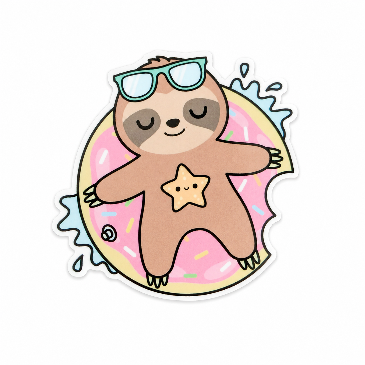 Plastic add-on featuring a relaxed sloth wearing sunglasses on a pink sprinkle donut float, compatible with interchangeable badge reel bases and perfect as a cute healthcare worker accessory
