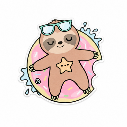 Plastic add-on featuring a relaxed sloth wearing sunglasses on a pink sprinkle donut float, compatible with interchangeable badge reel bases and perfect as a cute healthcare worker accessory