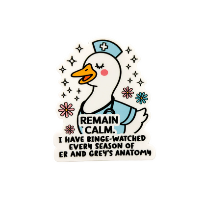 Cute nurse duck plastic badge reel add-on with Remain Calm quote and colorful floral design.