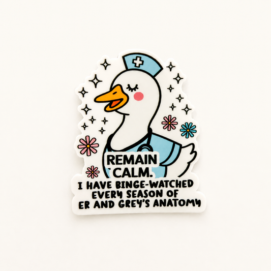 Cute nurse duck plastic badge reel add-on with Remain Calm quote and colorful floral design.