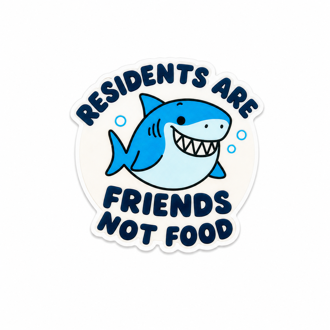 “Residents Are Friends Not Food” shark plastic add-on with cute ocean-themed healthcare design compatible with interchangeable badge reel bases