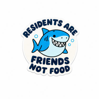 “Residents Are Friends Not Food” shark plastic add-on with cute ocean-themed healthcare design compatible with interchangeable badge reel bases