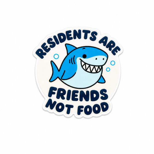 “Residents Are Friends Not Food” shark plastic add-on with cute ocean-themed healthcare design compatible with interchangeable badge reel bases