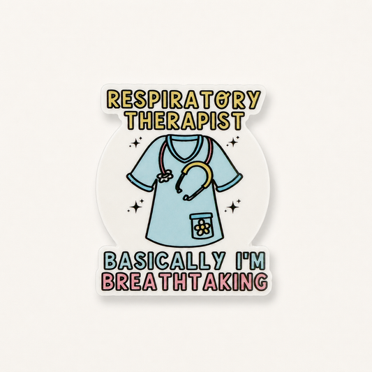 Funny respiratory therapist sticker with scrubs and stethoscope illustration featuring “Basically I’m Breathtaking” healthcare humor quote.