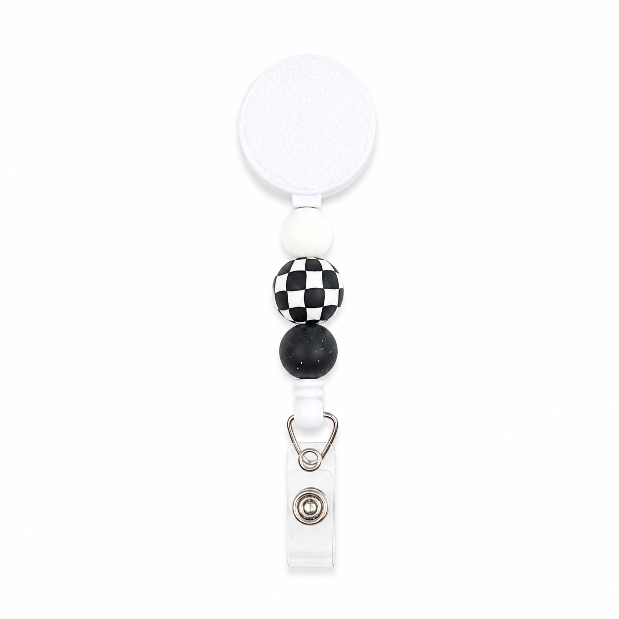 Retro checkered badge reel featuring black and white checkerboard bead with coordinating black and white silicone beads on a white retractable badge reel for nurses, teachers, and healthcare professionals.