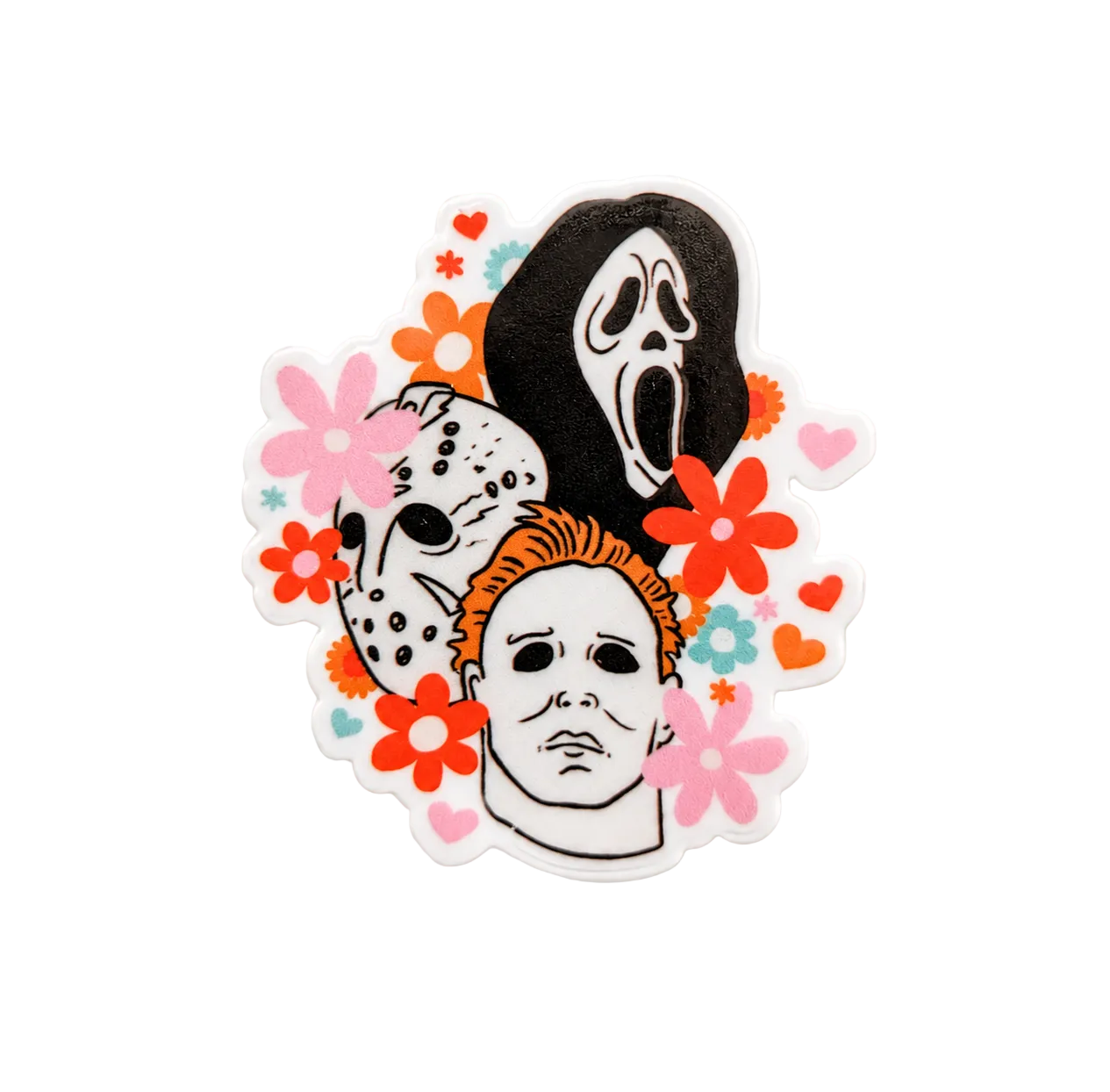 Retro horror floral plastic add-on for compatible interchangeable badge reel bases with spooky slasher character design
