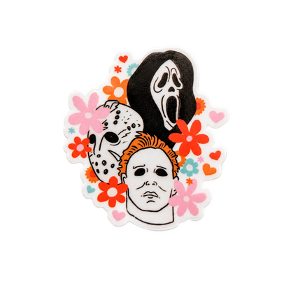 Retro horror floral plastic add-on for compatible interchangeable badge reel bases with spooky slasher character design
