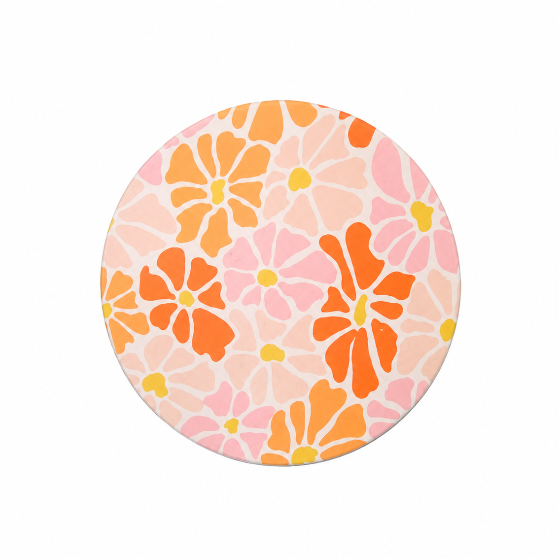 Retro orange floral hard board add-on featuring peach, coral, blush pink, cream, and yellow flowers, compatible with interchangeable badge reel bases.